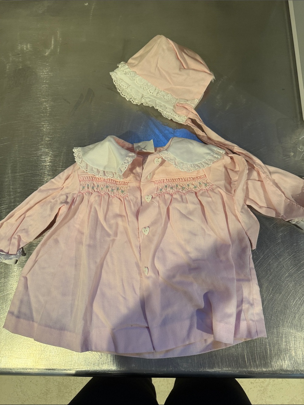 Pink Baby Dress with Smocking and Matching Bonnet